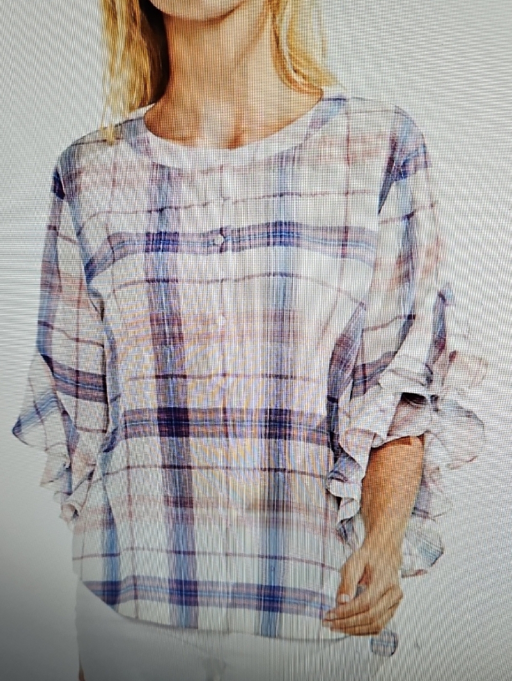 Vince Camuto Plaid Ruffle Sleeve Button Henley Top — White, Blue, Blush Sz M
